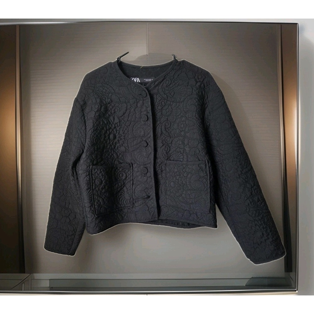 Zara Jacket Womens Black Textured Paisley Quilted Jacket- Small